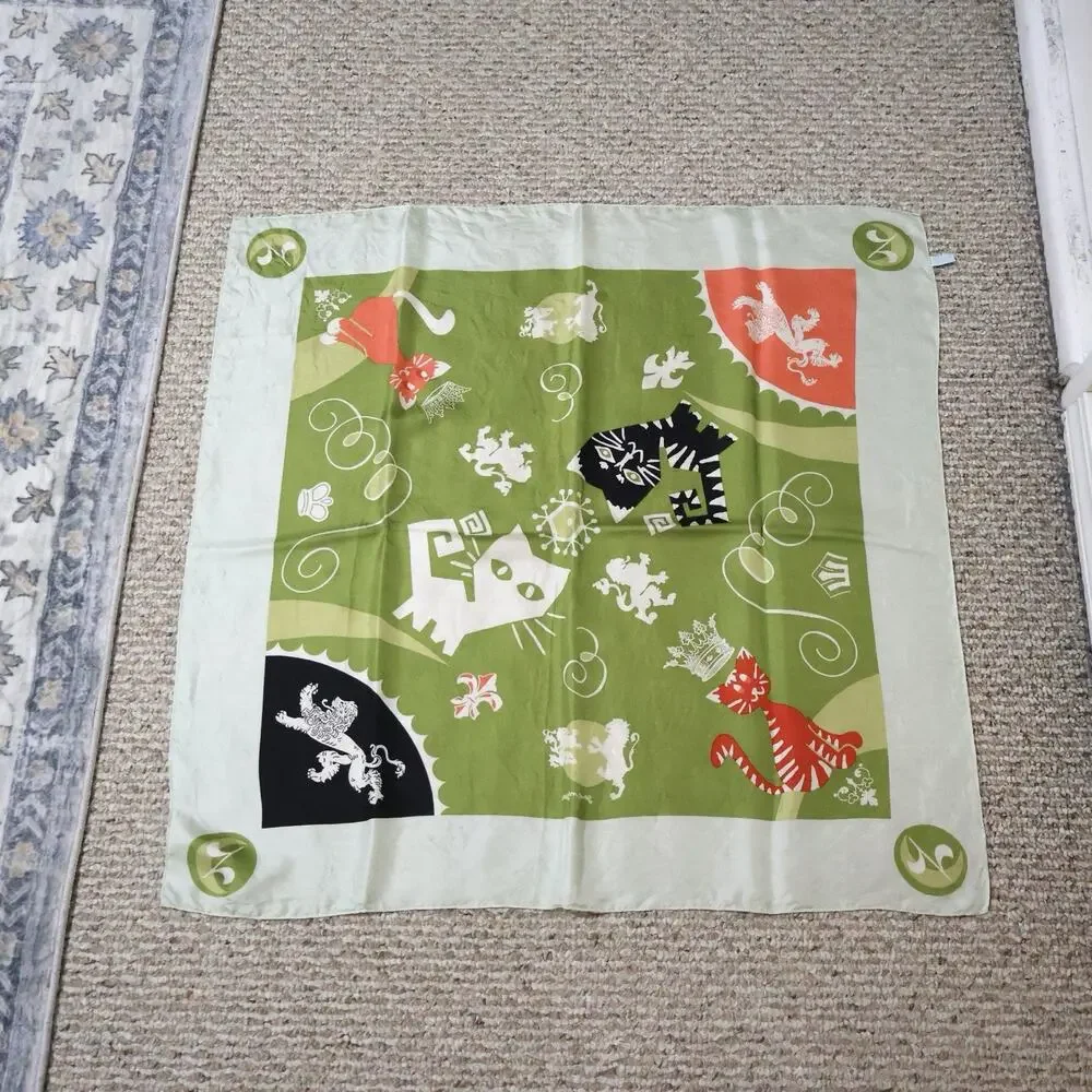Vintage Gene Meyer Cat Tiger Lion Royal Green Silk Square Scarf Made in Japan
